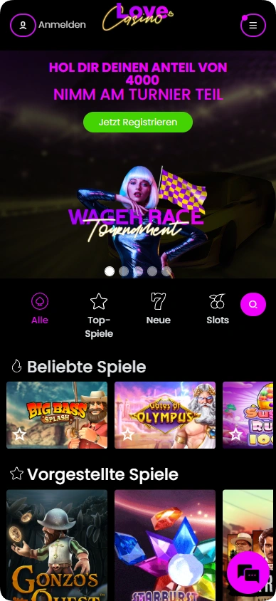Die Hauptseite der offiziellen Love Casino-Website