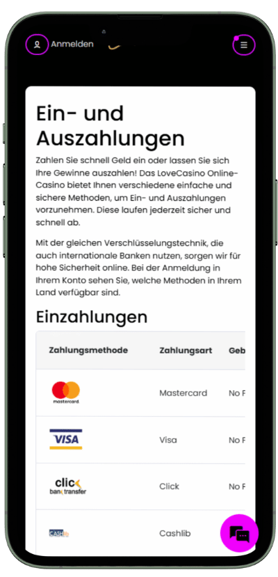 Ein- und Auszahlungsmethoden auf der Love Casino-Website