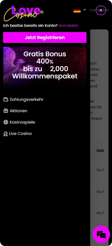 Menü und Abschnitte auf der offiziellen Love Casino-Website