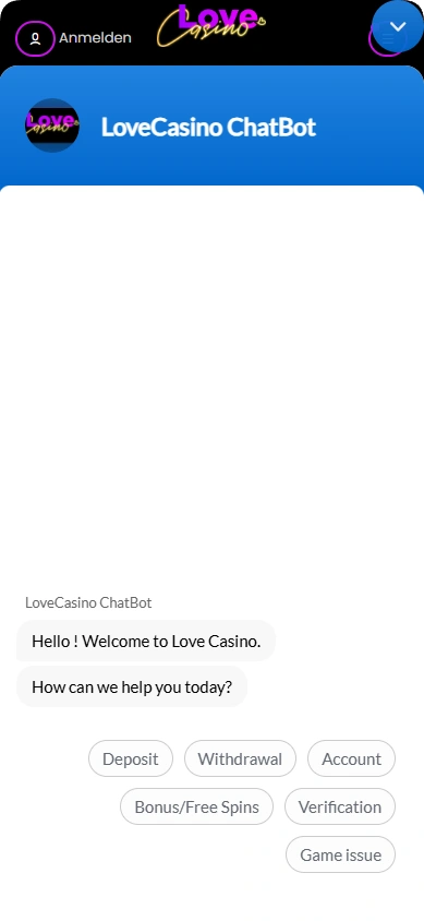 Online-Support-Service auf der offiziellen Love Casino-Website