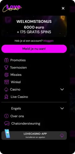 Love Casino menu met welkomstbonus