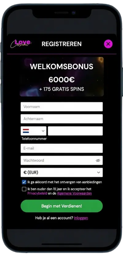 Registreer je op de Love Casino-website.