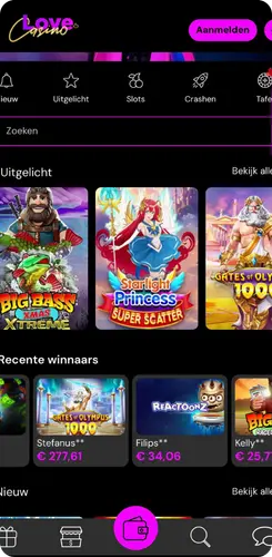 Love Casino spellenoverzicht met slots