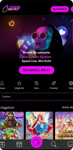 Love Casino startpagina met live dealer promotie en populaire spellen